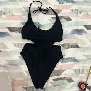 Black one piece bathing suit with cut out sides